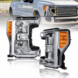 Headlights for 2017-2019 Ford F250 F350 F450 F550 Super Duty Halogen Headlamps Amber Reflector Chrome Housing 2PC Front Left Right 2018