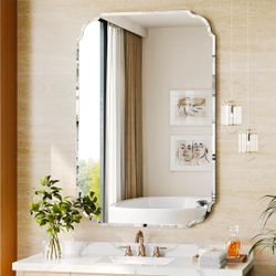 Beveled Scalloped Frameless Bathroom Mirror, 24" x 36" Beveled Bathroom Mirrors with Rectangle Shaped, Frameless Vanity Mirror for Over Sink, Fireplac