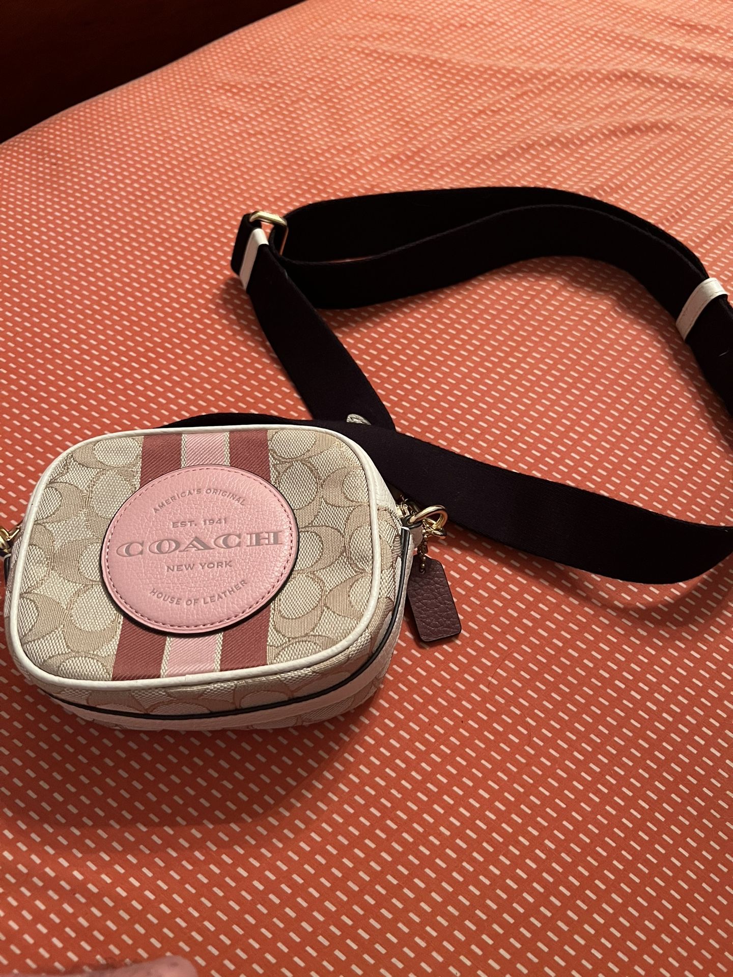 Coach Mini Dempsey Camera Bag Signature Canvas Leather White Pink