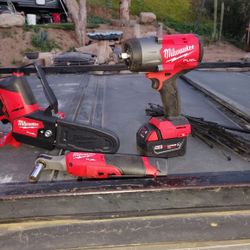 Brand New Milwaukee M18 1/2-in High Torque Impact 3/8 And 12 Ratchet Chainsaw M12 All Have Batteries And Charger All Are Brand New Unused