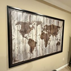 🌍 Large Framed World Map Wall Art – Rustic Style