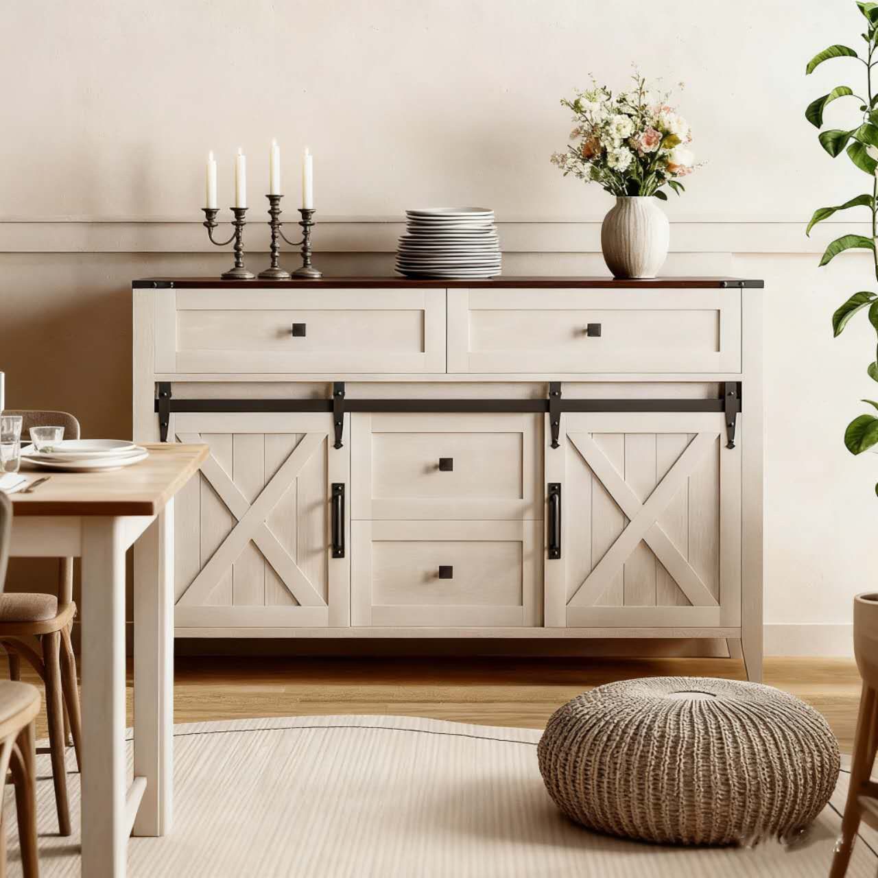 Retro Farmhouse Bedroom Dresser, 47" White Dressers for Bedroom with Sliding Barn Door, Rustic Chest of Drawers for Bedroom, Wood Dresser TV Stand