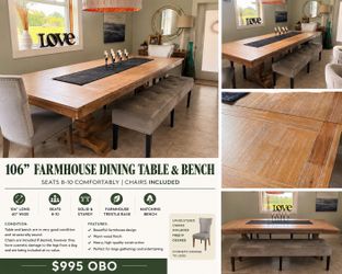 Pier 1 Farmhouse Dining Table & Bench | 106” Solid wood trestle base with a veneered tabletop | Seats 8-10