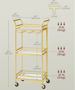 VASAGLE Bar Cart Home Serving w/ 3 Tiers Kitchen Shelf w/ Wheels - Gold
