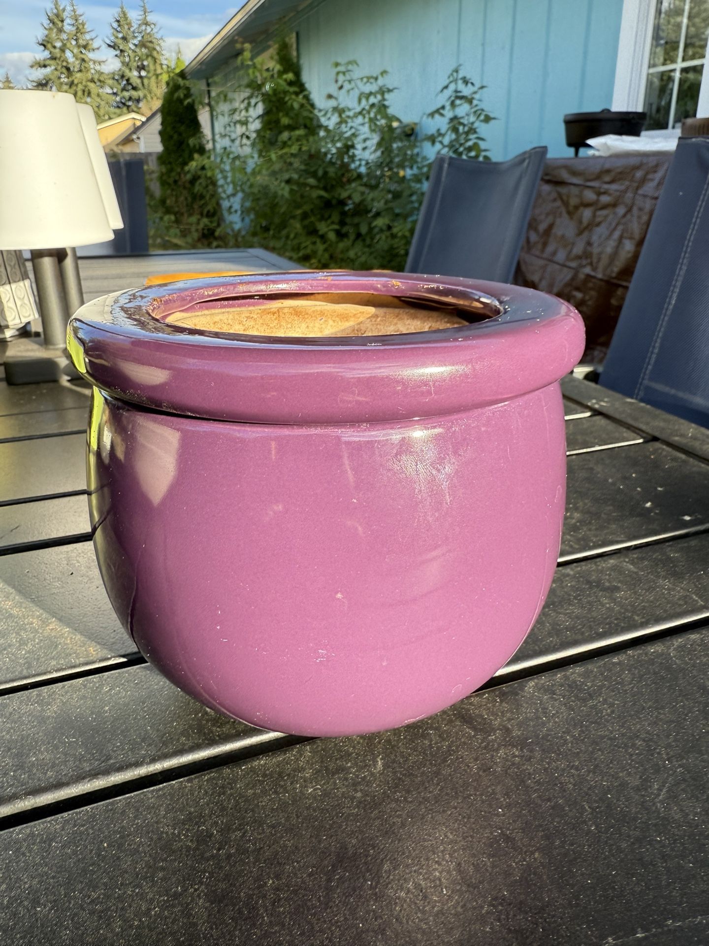 Purple Glazed 2 Piece Ceramic Planter Pot Self Watering approx 5.5” tall x 6” diameter