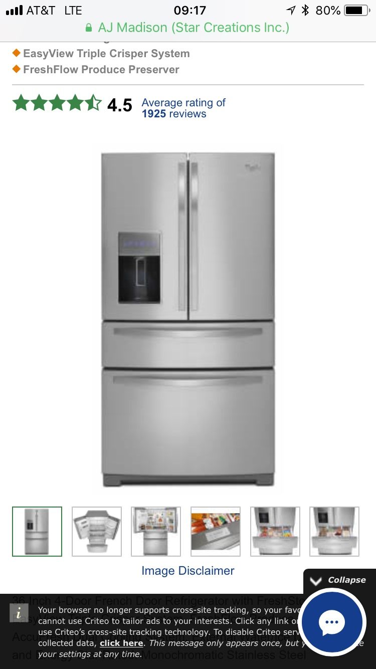 (NEW) WHIRLPOOL REFRIGERATOR 36” Model : WRX988SIBM (Retail $3099)