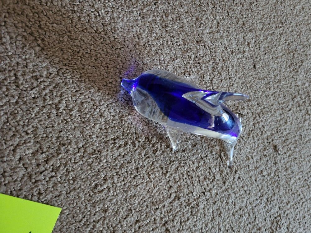 Clear And Blue Glass Dolphin Paperweight