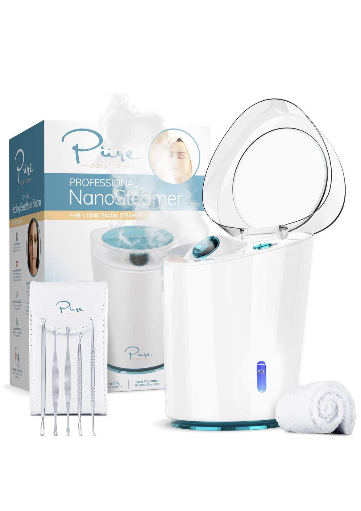 NanoSteamer PRO Professional 4-in-1 Nano Ionic Facial Steamer for Spas - 30 Min Steam Time - Humidifier - Unclogs Pores - Blackheads - Spa Quality - 5