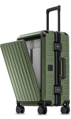 LUGGEX Front Opening Zipperless Carry On Suitcase, Olive Green