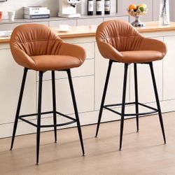 Counter Height Barstools Set of 2,30inch Mid Century Bar Chair with Metal Legs,PU Leather Pub Chair in Modern Style,Adjustable Feetpads Stools for Hom
