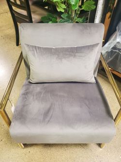 Grey Velvet Lounge Chair with Gold Metal Frame - Modern Glam Home Accent(New)