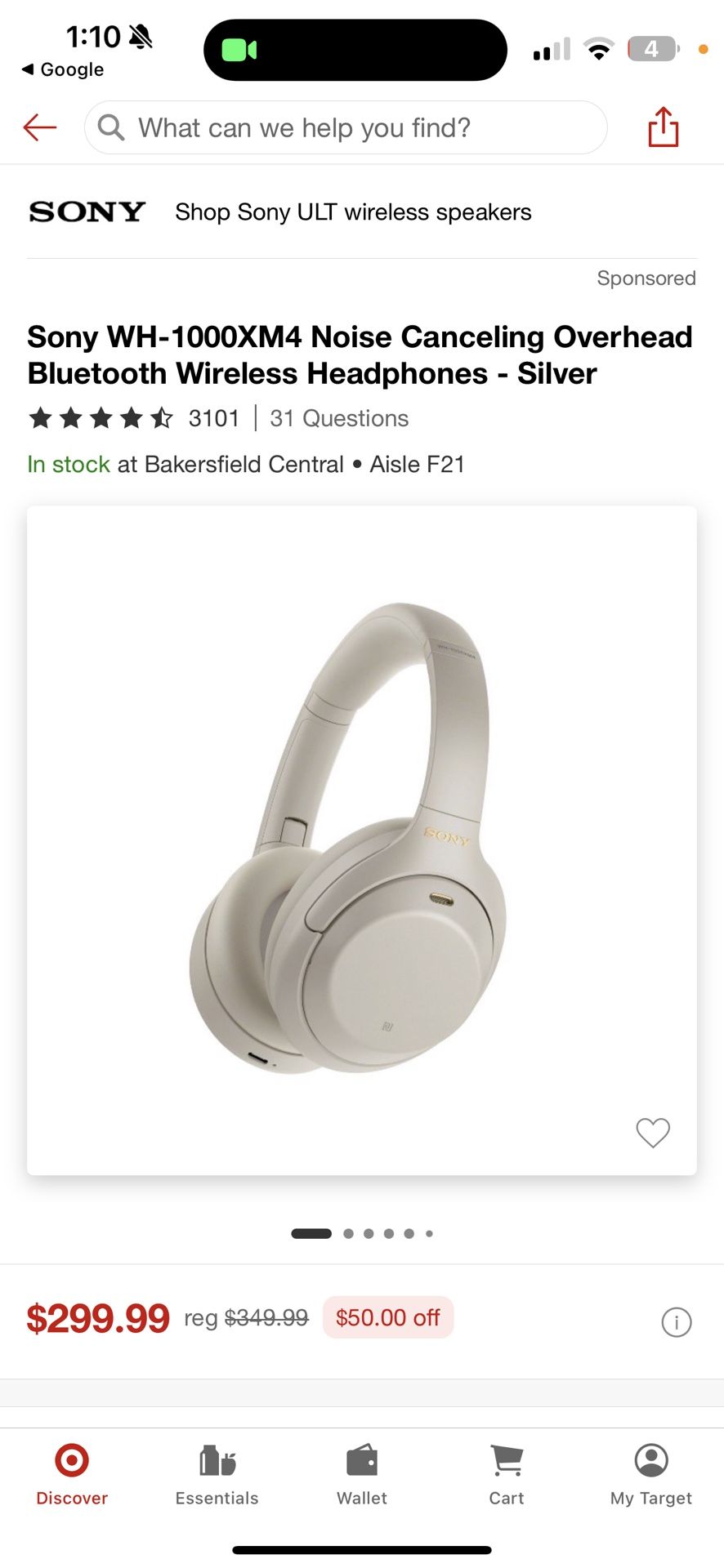 Sony WH-1000XM4 Noise Canceling Overhead Bluetooth Wireless Headphones - Silver