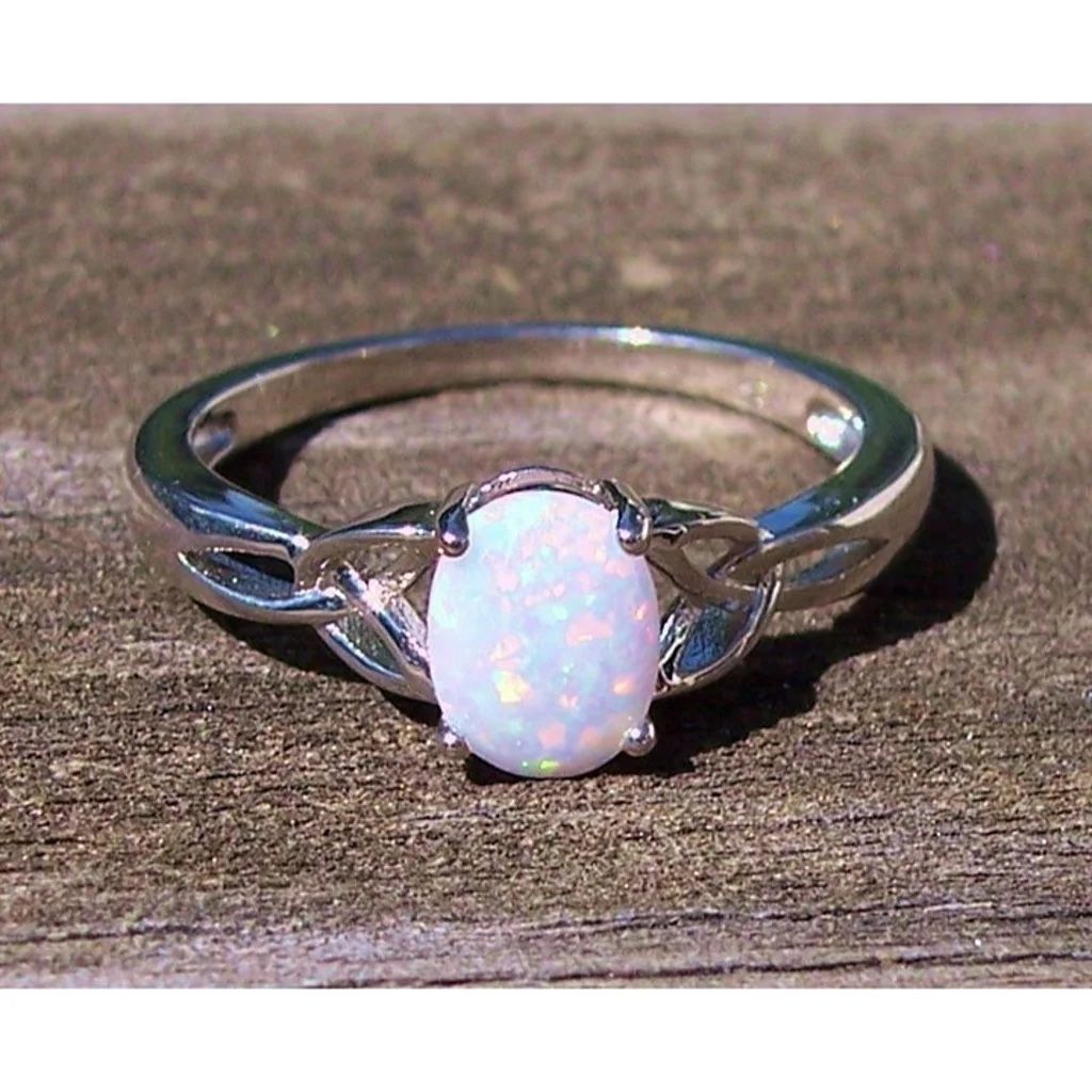 Size 5, 925 Sterling Silver Lab Created White Fire Opal Ring