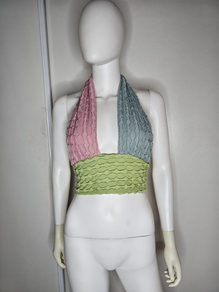 Colorful Texrured Halter Crop Top Size Small Y2K