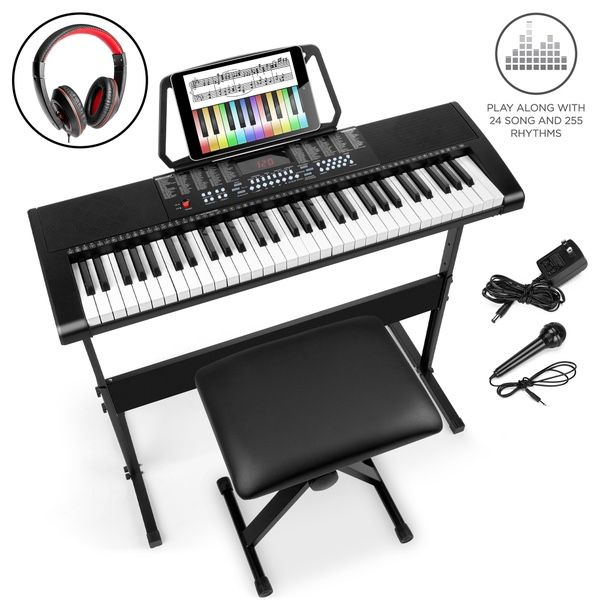 61-Key Beginners Electronic Keyboard Piano Set w/ LED, 3 Teaching Modes, H-Stand, Stool, Microphone