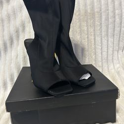 ALINA-2 Black Open Toe Bootie Gold Heel Stiletto Ankle Pull On Women's Size 6.5