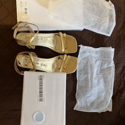 Women's Square Heel Sandals, Gold Open Toe Ankle Strap