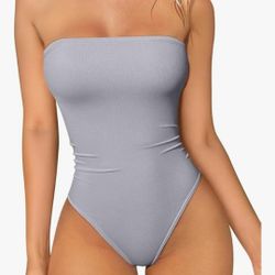 Spring 2026 Size Medium Grey Tube Top Off The Shoulder Bodysuit Strapless Sleeveless Stretch Classic Fit Top