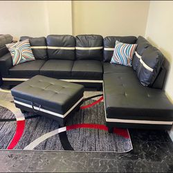 New Black And White Sectional Sofa Leather Couch Include Free Ottoman, And 2 Pillows 