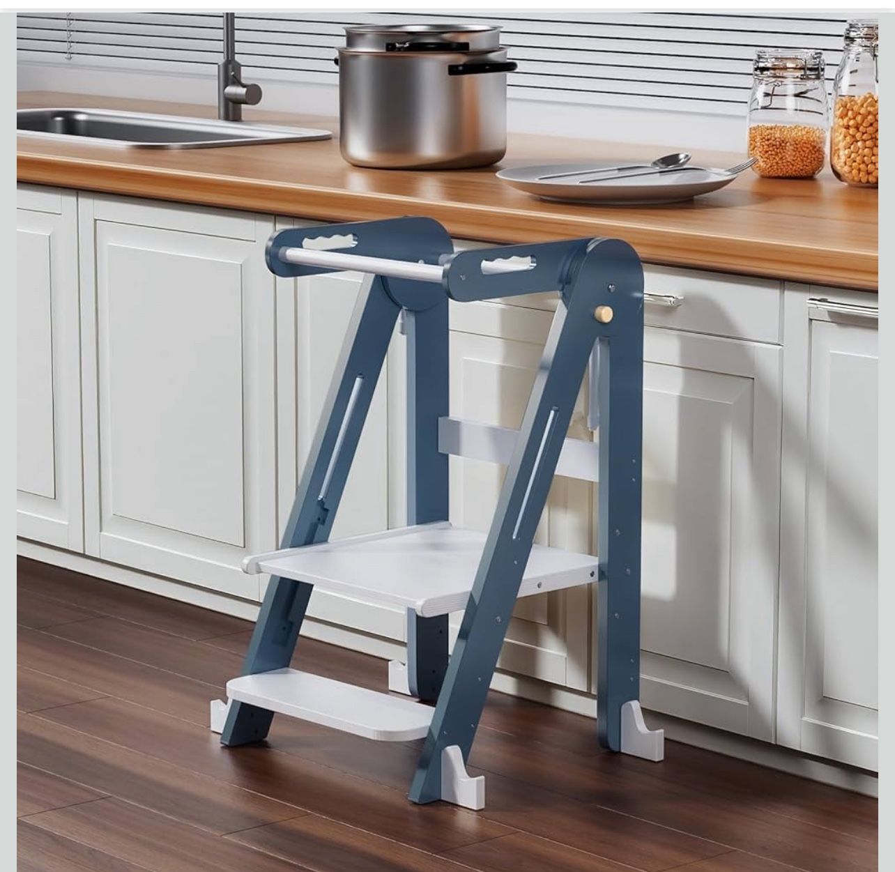 Kids Kitchen Step Stool, Foldable Toddler Tower, Height Adjustable Toddler Standing Tower with Safty Rail and Anti-Slip Device, Wooden Stool for 1.5-6