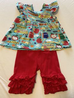 Toddler Girl Back-to-School Colorful Outfit with Red Ruffle Shorts 🍎 🌍 📕 ✏️ - Size 2T