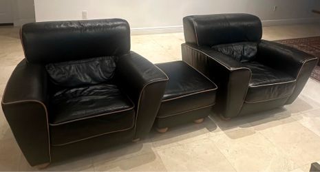 Black Leather Sofa Set – Loveseat, Chair & Ottoman – Genuine Leather, Made in Germany