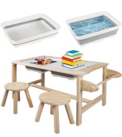 Multifunctional Children Interactive Activity Wooden Table Set for 1-3 Years, Drawing Table Play Sand & Water with Storage Bins Lid
