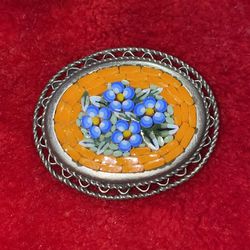 VINTAGE ITALIAN MICRO MOSAIC ORANGE FLORAL OVAL BROOCH