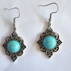 OCEAN BLUE TURQUOISE HOWLITE  SILVER LACE FILAGREE EARRINGS