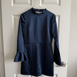 Blue Satin Long Sleeve Dress (Bell Sleeves)