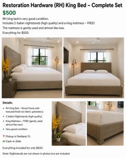 Restoration Hardware (RH) King Bed - Complete Set