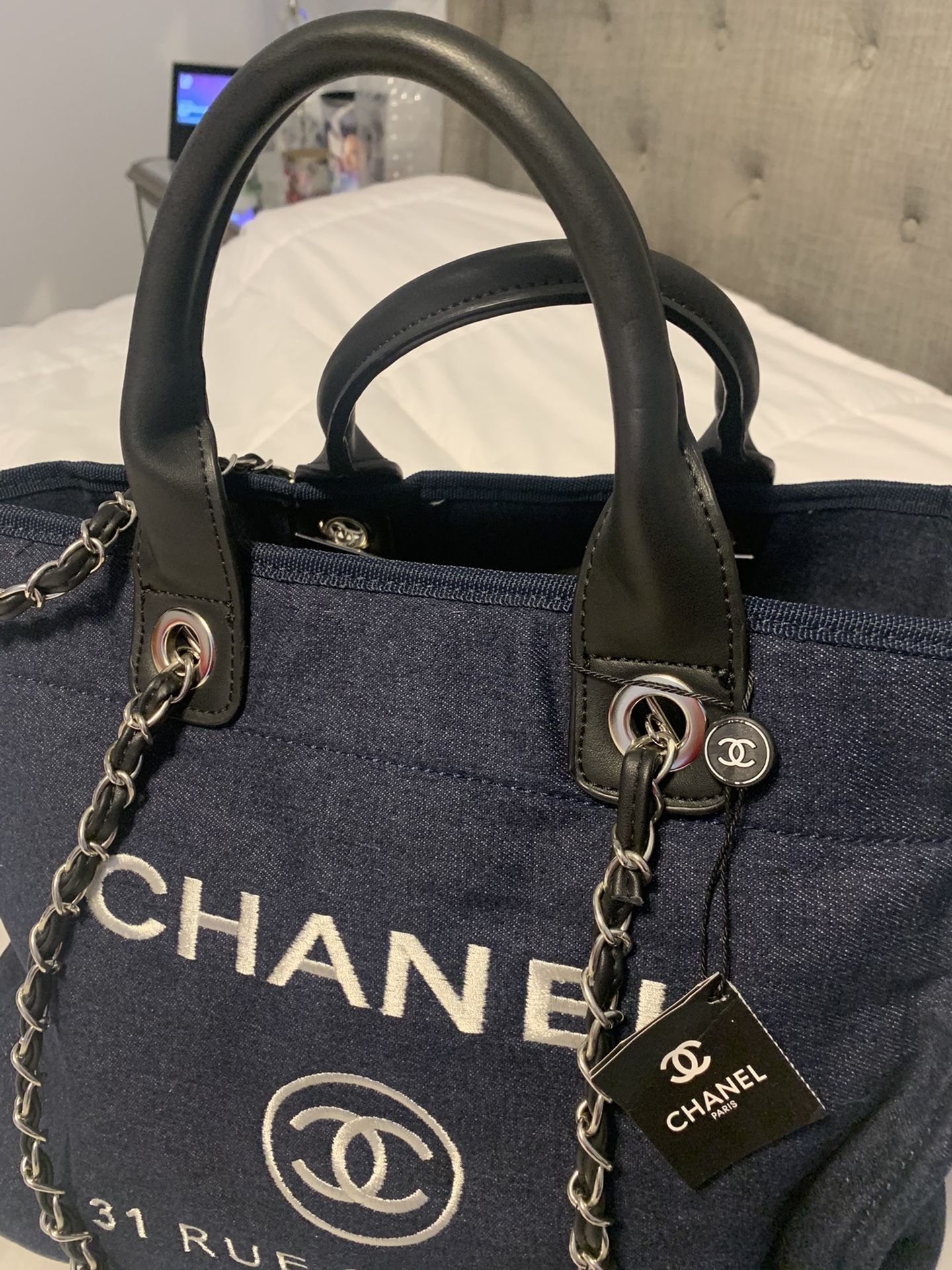 Blue Black White Denim Tote Bag Women’s Purse,All Products : American Fashion Style Bags On Sale
