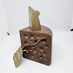Brass Mouse on Cheese Block Wood Art Figure Bookend Teak