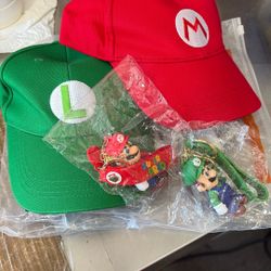 Mario and Luigi Bros hats and 2 keychains