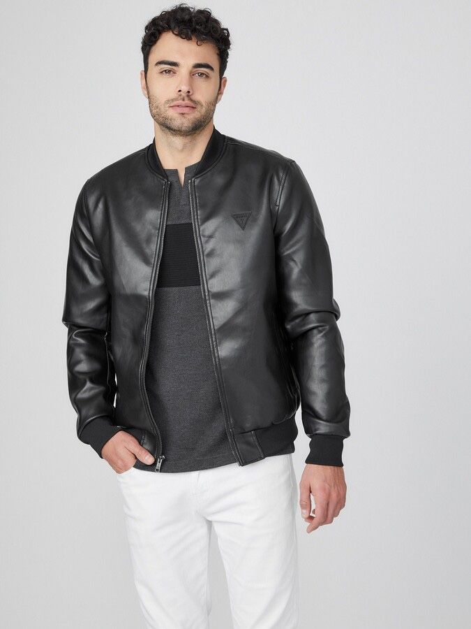 Guess Black Leather Bomber Jacket.