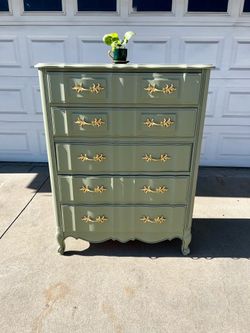 Tall sage green dresser with 5 drawers