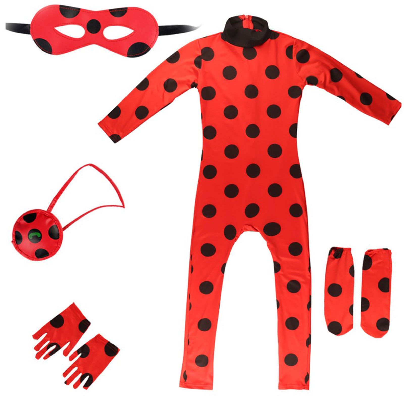 Kids Ladybug Costume Dress Up Cosplay Black Spot Red Jumpsuit 5Pcs Set