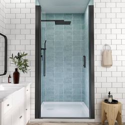 36 to 37-1/4 in. H Pivot Swing Frameless Shower Door in Black with Clear Glass