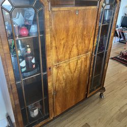 Antique Walnut cabinet / bar with secretary, leaded glass