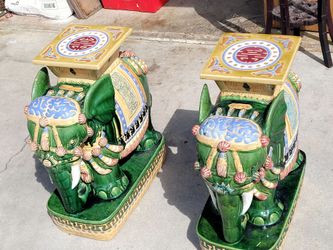 PAIR CHINESE TERRACOTTA ELEPHANTS STOOLS PLANT STANDS