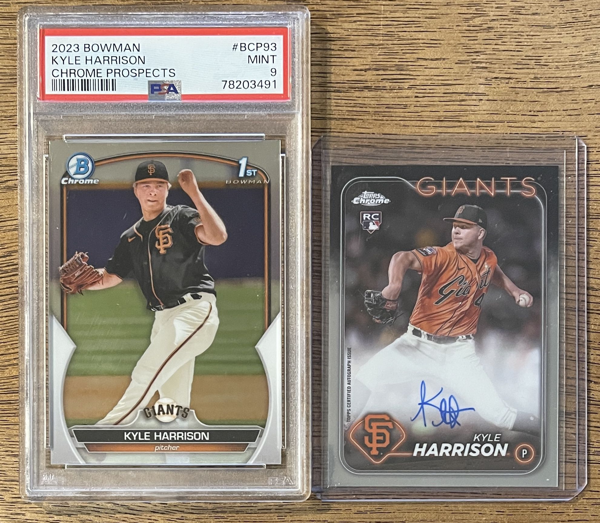 Kyle Harrison RC 2-Card Lot: 2024 Topps Chrome Auto + 2023 Bowman PSA 9
