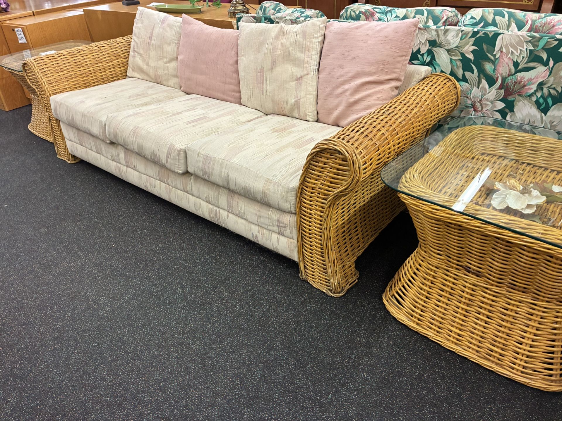 Wicker Sofa With 2 End Tables With Glass Tops