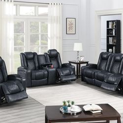 Brand New Ink Blue Leather Power Reclining 3pc Sofa Set 