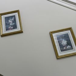 Wall Hangings, set of 2, framed floral still life prints with gold wood frames and printed borders and burgundy mats, 12” X 10” X 1”, excellent condit