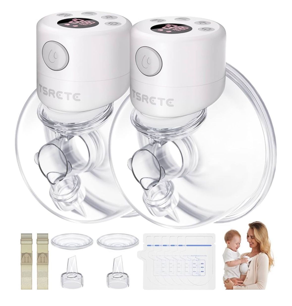 TSRETE Breast Pump, Double Wearable Breast Pump, Electric Hands-Free Breast Pumps with 2 Modes, 9 Levels, LCD Display, Memory Function Rechargeable Do