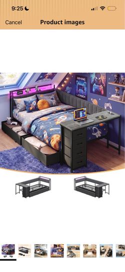 Corner Twin Bed Frame with Desk, 2 Power Outlets, LED Light
