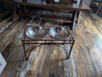 Elevated Wrought Iron Dog Feeder Stand w/ Stainless Bowls