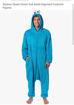 Sesame Street Adult Cookie Monster Costume, Blue Fuzzy Cookie Monster Jumpsuit Onesie