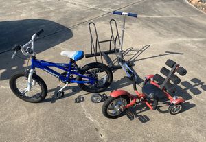 Photo Schwinn bicycle, Mobo mini trike, Razor scooter & bike rack