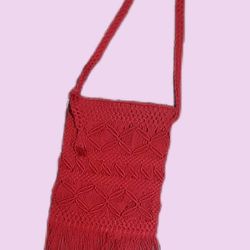 Vintage Macrame Crocheted Fringe Crossbody...Red